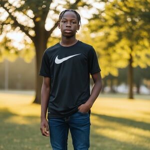 Nike Kids Black Tee shirt featuring the Nike Swoosh